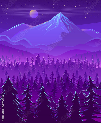 Cold and wild northern land night landscape cartoon vector in violet neon colors with full moon disk in mist under snow-cowered mountain peak or hill, spruce trees forest in fog at foot illustration