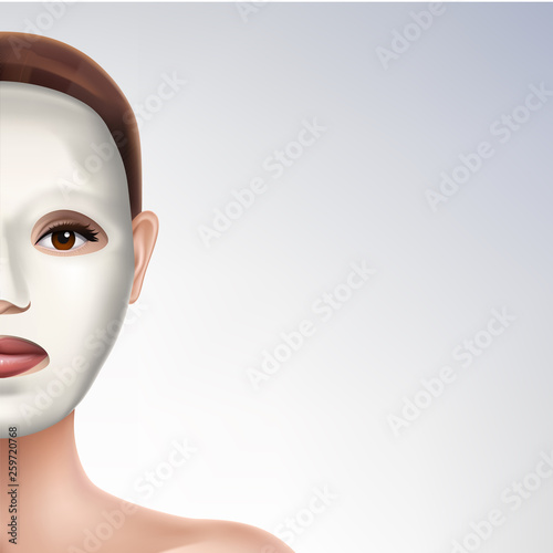 Stretch sheet face mask 3d realistic vector advertising banner template with copyspace. Moisturizing napkin with serum on womans face illustration. Womens skincare cosmetics product promotion poster