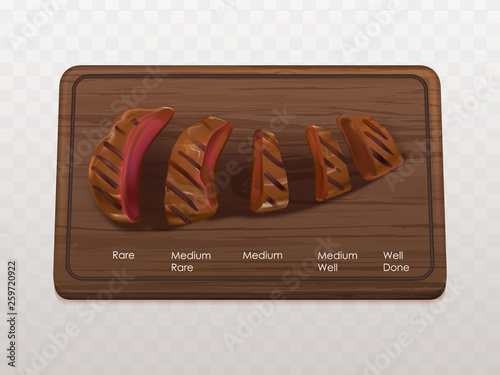 Beef steak roasts types, stages 3d realistic vector concept with rare, medium and well done fried, cooked pieces of meat sliced on wooden cutting board illustration isolated on transparent background