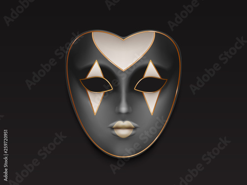 Venetian or Mardi Gras carnival, holiday masquerade, costumed party full face womens, anatomical, grey color mask with rhombic ornament 3d realistic vector illustration isolated on black background
