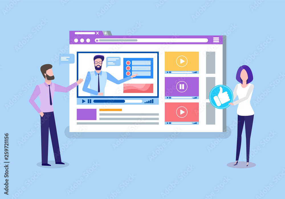 Online courses teachers uploading tutoring videos vector. People professional tutors looking on screen, lady holding thumb up like button remote education Online courses teachers uploading tutoring videos vector. People professional tutors looking on screen, lady holding thumb up like button remote education