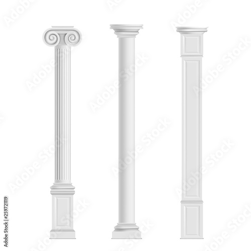 Antique cylindrical doric, Ionic orders and modern cubic columns of marble stone 3d realistic vector isolated on white background. Ancient architecture, historical or modern building exterior elements
