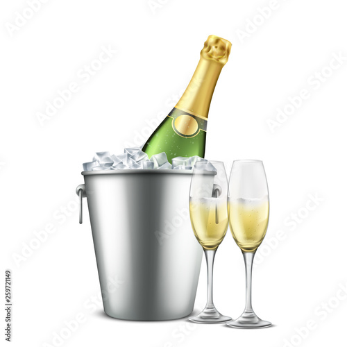 Bottle of champagne in restaurant bucket with ice and wineglasses with carbonated alcohol beverage realistic vector isolated on white background. Holiday celebrating party. Elite white sparkling wine
