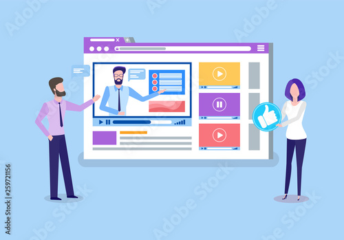 Online courses teachers uploading tutoring videos vector. People professional tutors looking on screen, lady holding thumb up like button remote education