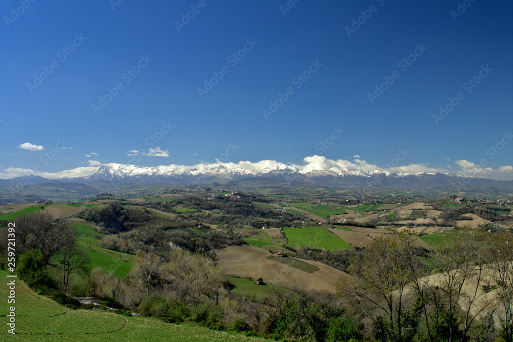 panorama of mountains,Italy,countryside,hill,landscape,sky,blue,cloud,view,spring,travel,tourism