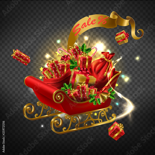 Winter holidays purchases, Christmas sale, New year gifts shopping promotion campaign 3d realistic vector concept with Santa sleigh loaded sacks with gift boxes illustration on transparent background