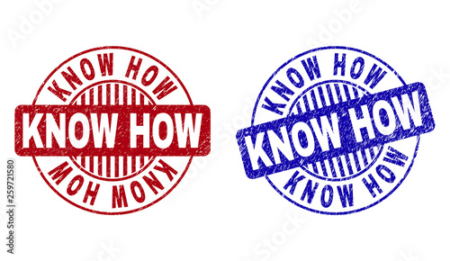 Grunge KNOW HOW round stamp seals isolated on a white background. Round seals with grunge texture in red and blue colors. Vector rubber overlay of KNOW HOW text inside circle form with stripes.