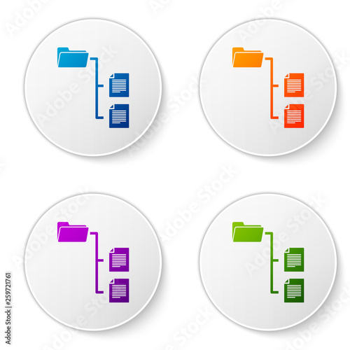 Color Folder tree icon isolated on white background. Computer network file folder organization structure flowchart. Set color icon in circle buttons. Vector Illustration