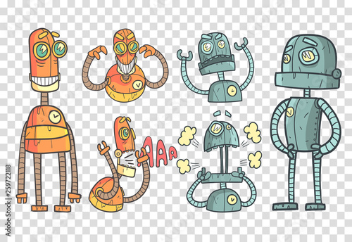 Vector set with robots in outline style with colorful fill. Gray and orange mechanical androids with different emotions