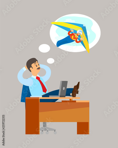 Man sitting at table and dreaming about extreme flying sport, hang gliding activity. Work place table and laptop, worker in suit and tourism mind vector