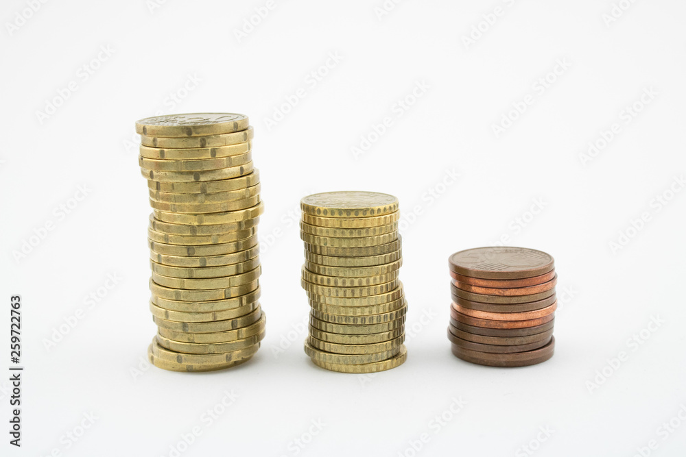 Stack of euro cents coins of different value on white background. Economy. Stack of euro cents coins of different value on white background. Economy.