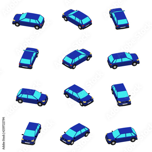 Animation of the rotation of the car in isometric view. Blue hatchback with different viewing angles.