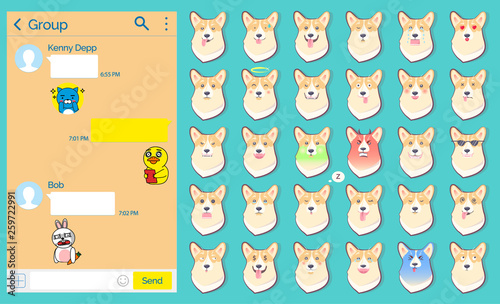 International social network vector, messanger chatting page with stickers. Emoticons of dog, emotional doggy with angry, sad and happy faces set