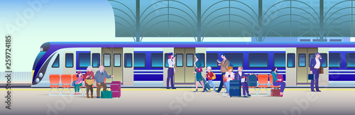 Boarding Train at the Railway Station - Flat Vector Illustration Background. People get on train from platform. 