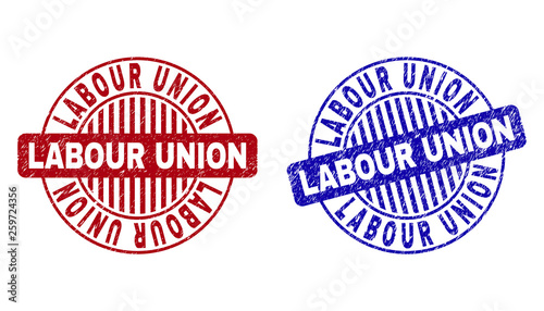 Grunge LABOUR UNION round stamp seals isolated on a white background. Round seals with grunge texture in red and blue colors.