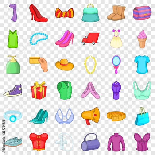 Woman dress icons set. Cartoon style of 36 woman dress vector icons for web for any design