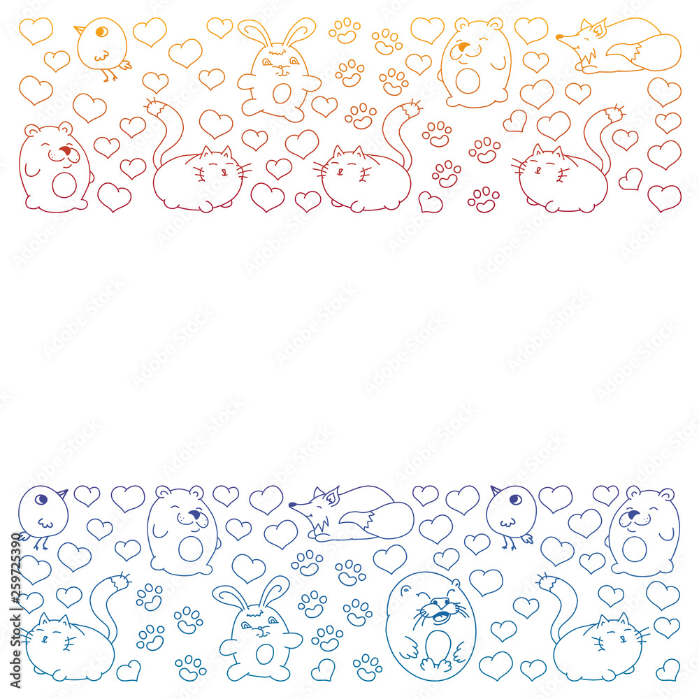 Vector set of beautiful round icons in the form of wild animals for children and design, print, cat ,bear, fox, bird ,hare or rabbit. Round animals with caption on white background.