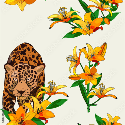 SEamless pattern with leopard and yellow lilies.
