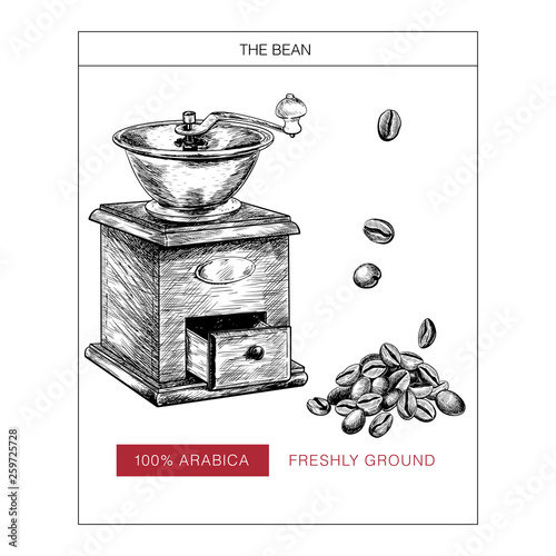 Coffee set. Hand drawn retro coffee grinder or mill and bean pile. Vector engraved icon. Packaging design in brutalism. Label template, brand identity, coffee shop, restaurant menu.