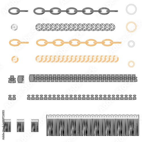 Set of golden and silver chains. vector fittings, sequins, fringe, chain, rope brushes for illustrator , zipper