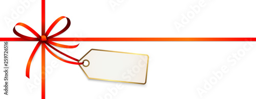 red colored ribbon bow with hang tag