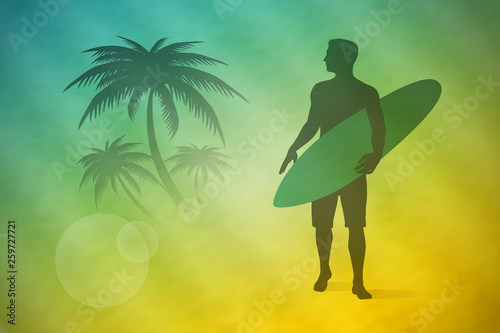 Surfer on the beach holding surfboard vector illustration