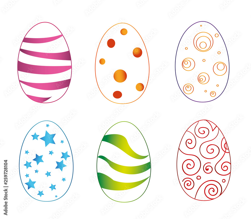 Colorful easter eggs set with reflection isolated on white background. Vector illustration