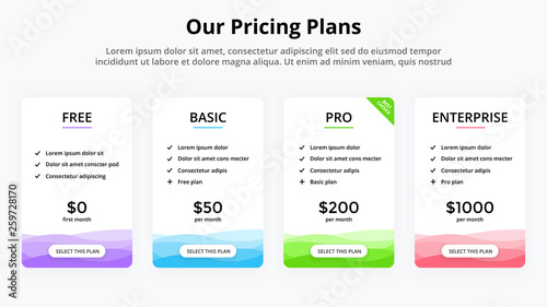 Vector pricing plan banners infographic template. Marketing presentation slide. Business labels concept infographics. 4 options, parts, steps, processes.