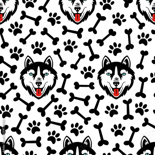Husky dog black and white vector seamless pattern.