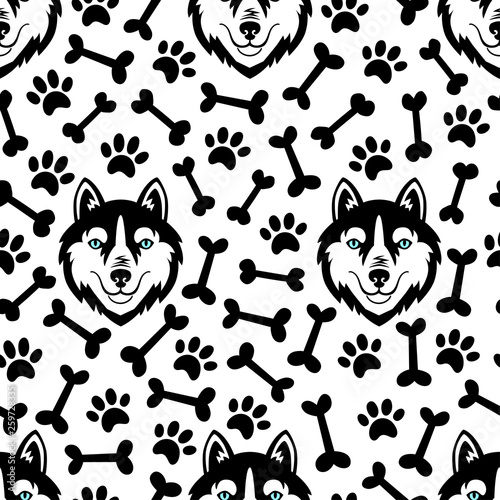 Husky head dog vector seamless pattern.