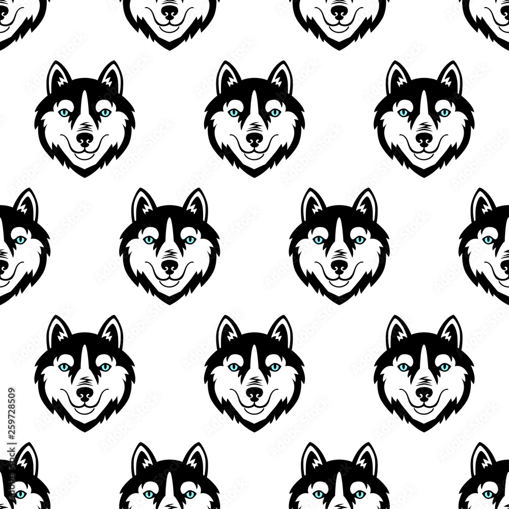 Fototapeta premium Husky head dog black and white vector seamless pattern.