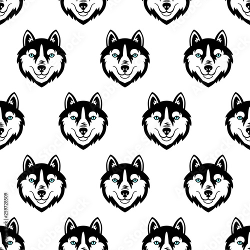Husky head dog black and white vector seamless pattern.