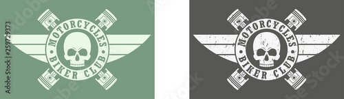 Color illustration of a skull wings text and piston biker logo