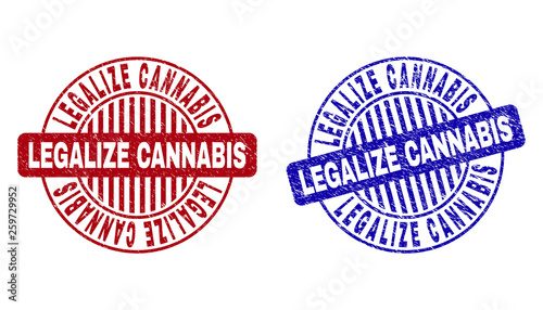 Grunge LEGALIZE CANNABIS round stamp seals isolated on a white background. Round seals with grunge texture in red and blue colors.