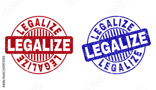 Grunge LEGALIZE round stamp seals isolated on a white background. Round seals with distress texture in red and blue colors. Vector rubber imprint of LEGALIZE tag inside circle form with stripes.