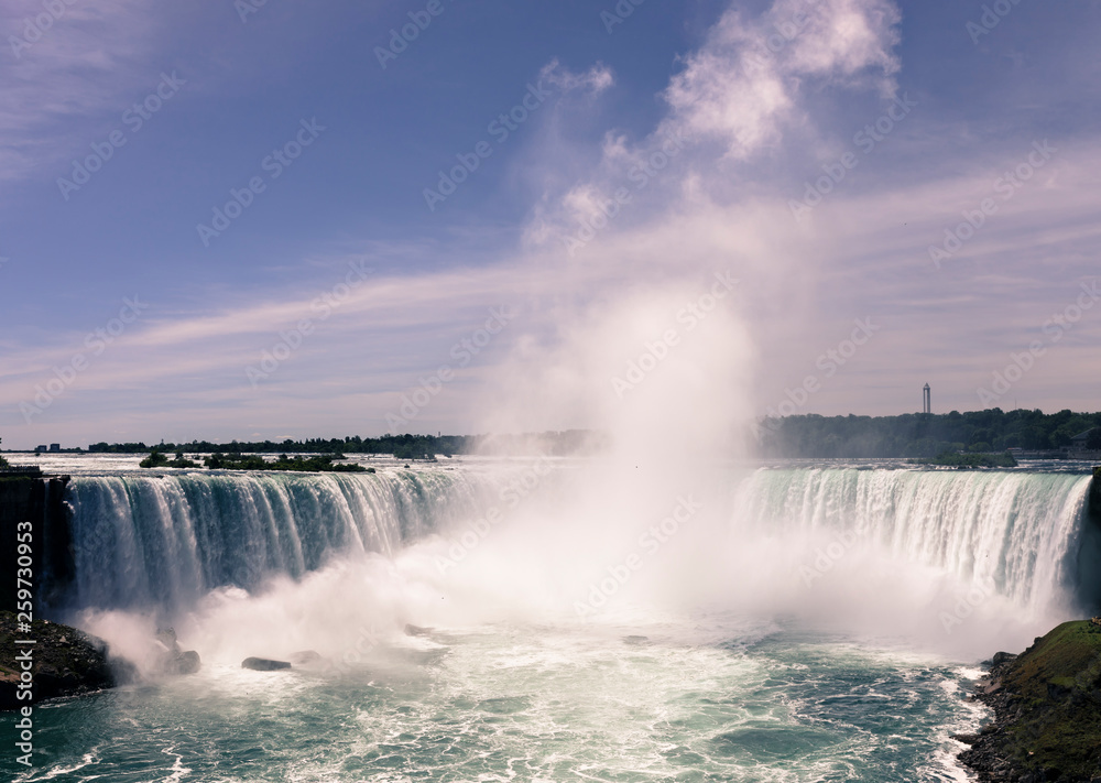 Niagara River and the spectacular Horseshoe Fall that lies on the border of the United States and Canada Niagara River and the spectacular Horseshoe Fall that lies on the border of the United States and Canada