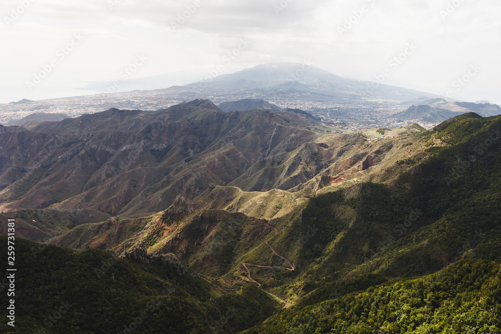 mountains in Anaga rural park, Teide volcano background, Tenerife