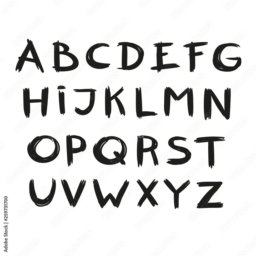 Hand drawn by marker alphabet, black letters on white background, vector.