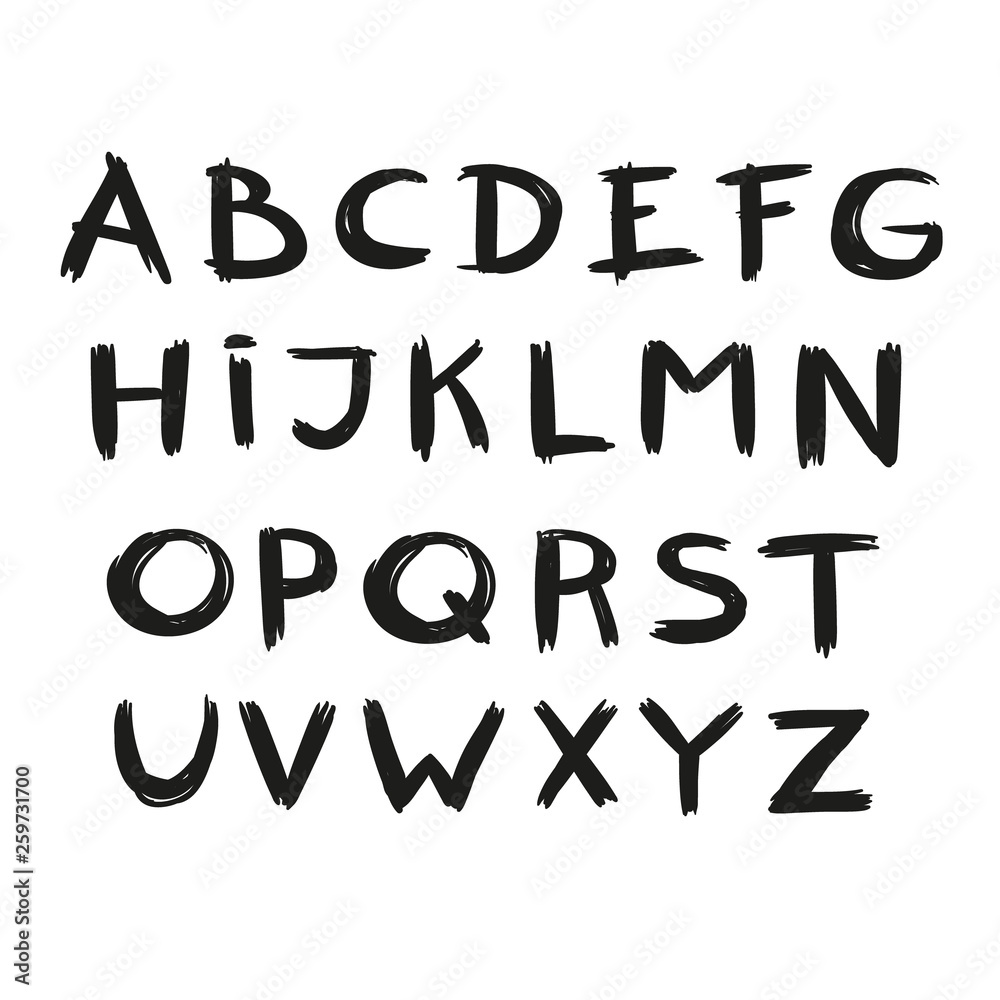 Hand drawn by marker alphabet, black letters on white background, vector. Hand drawn by marker alphabet, black letters on white background, vector.