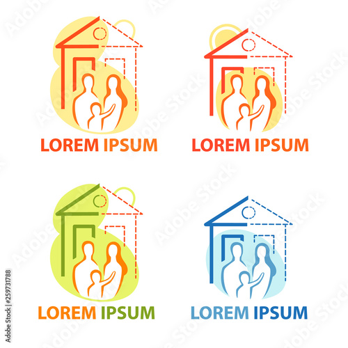 Young family at home, isolated vector. New house, own house icon set, housewarming logo, flat