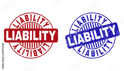 Grunge LIABILITY round stamp seals isolated on a white background. Round seals with grunge texture in red and blue colors. Vector rubber watermark of LIABILITY title inside circle form with stripes.