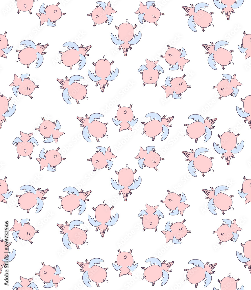 Vector seamless pattern of cartoon pigs angels flying on white background. Vector seamless pattern of cartoon pigs angels flying on white background.