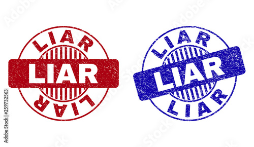 Grunge LIAR round stamp seals isolated on a white background. Round seals with grunge texture in red and blue colors. Vector rubber watermark of LIAR title inside circle form with stripes.