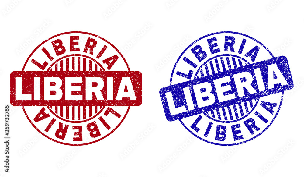 Grunge LIBERIA round stamp seals isolated on a white background. Round seals with grunge texture in red and blue colors. Vector rubber imprint of LIBERIA text inside circle form with stripes. Grunge LIBERIA round stamp seals isolated on a white background. Round seals with grunge texture in red and blue colors. Vector rubber imprint of LIBERIA text inside circle form with stripes.