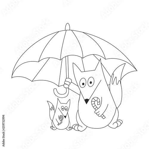 Fox with a baby under an umbrella. Mother's care. vector illustration