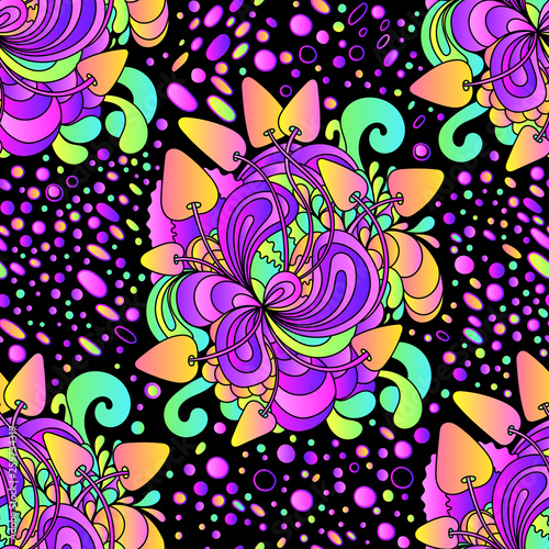 Plakat Seamless pattern with colorful magic mushrooms in doodle style. 60s hippie psychedelic art. Print for fabric