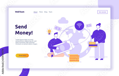 Vector electronic payment web page banner design template with big modern flat line people. Wireless money transfer, finance illustration