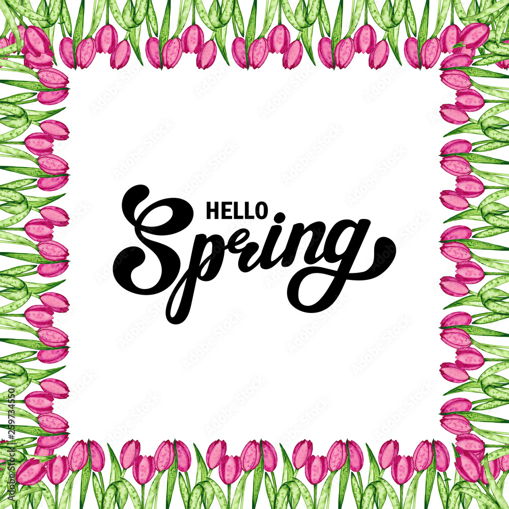 Hello spring. Hand drawn lettering with watercolor illustration. Banner, border