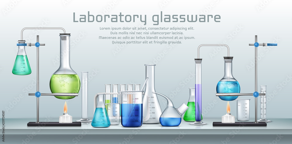 Chemical laboratory experiment 3d realistic vector concept. Lab graduated glassware filled with different color reagents, lab flasks connected with test tubes heating by alcohol burner illustration