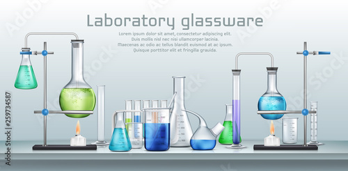 Chemical laboratory experiment 3d realistic vector concept. Lab graduated glassware filled with different color reagents, lab flasks connected with test tubes heating by alcohol burner illustration